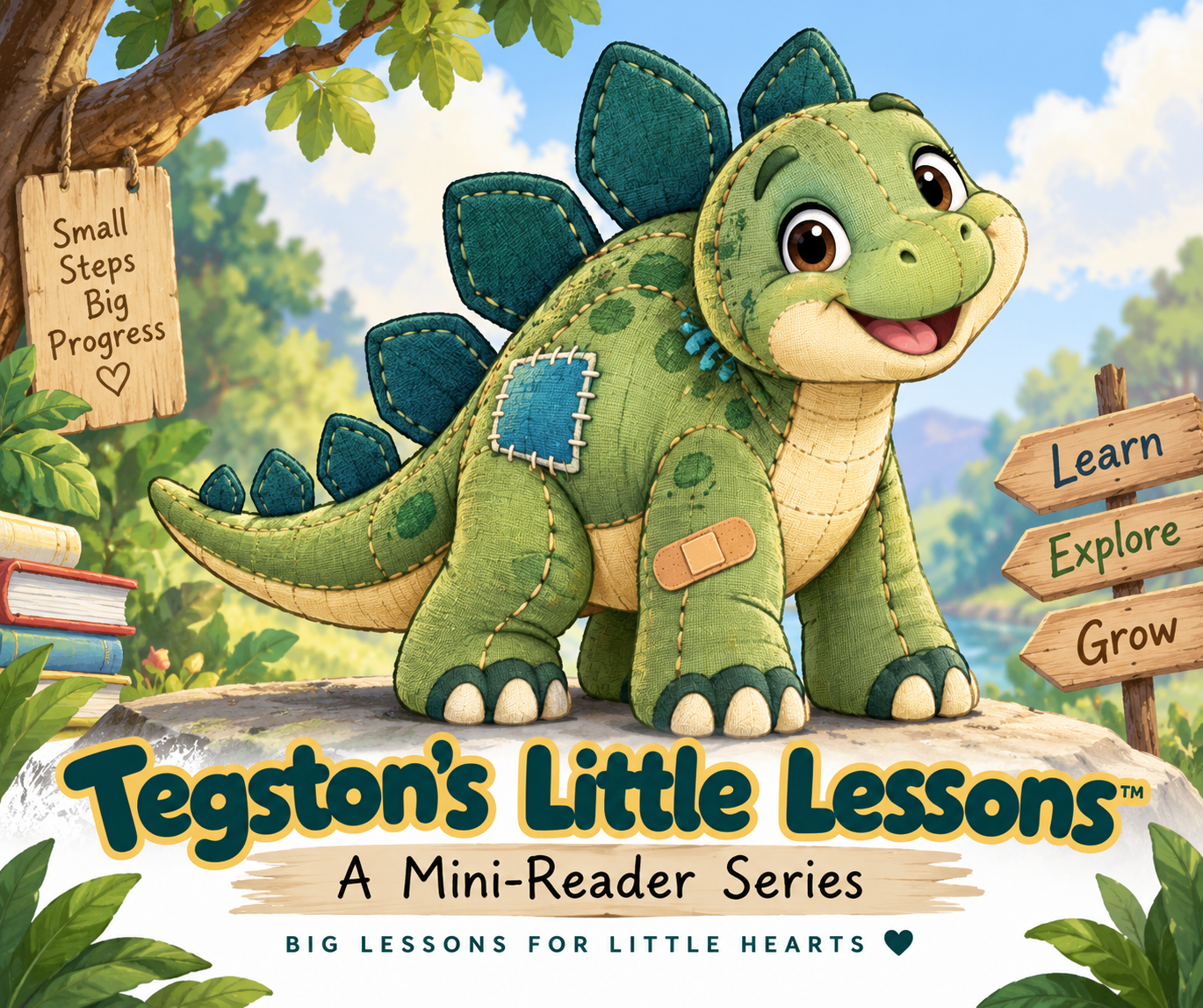 Tegston, a smiling green patchwork stuffed Stegosaurus with teal plates, a blue fabric patch, and a small bandage, exploring outdoors alone