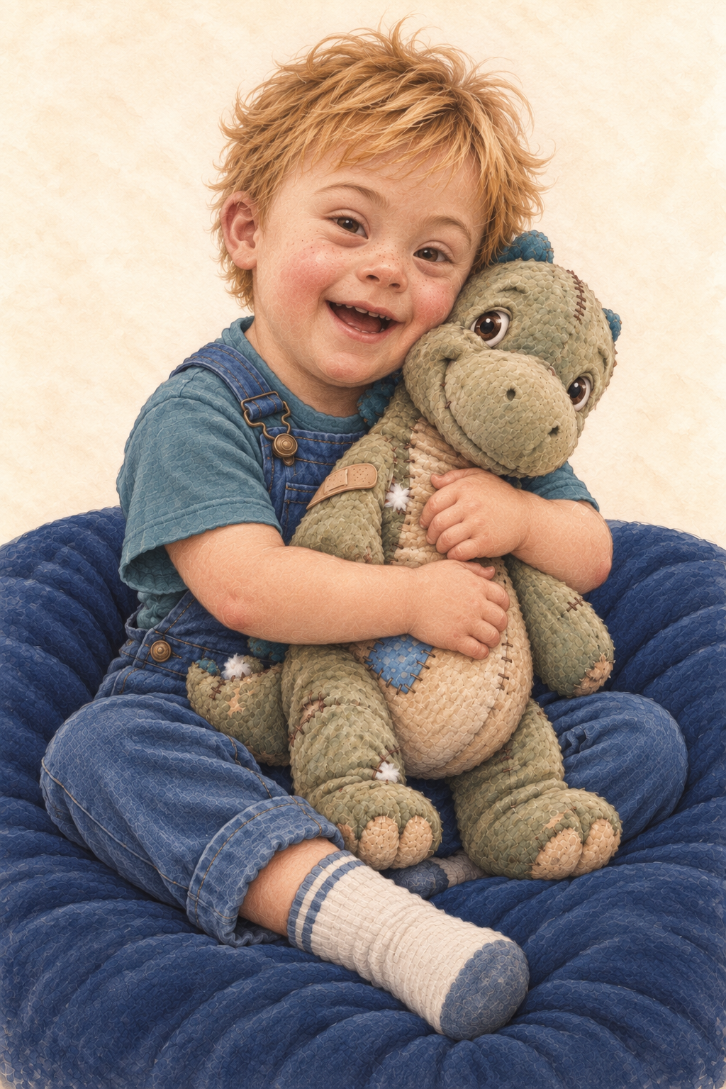 Yatto, a smiling three-year-old boy with strawberry-blond hair and Down syndrome, hugging Tegston, his well-loved green stuffed Stegosaurus